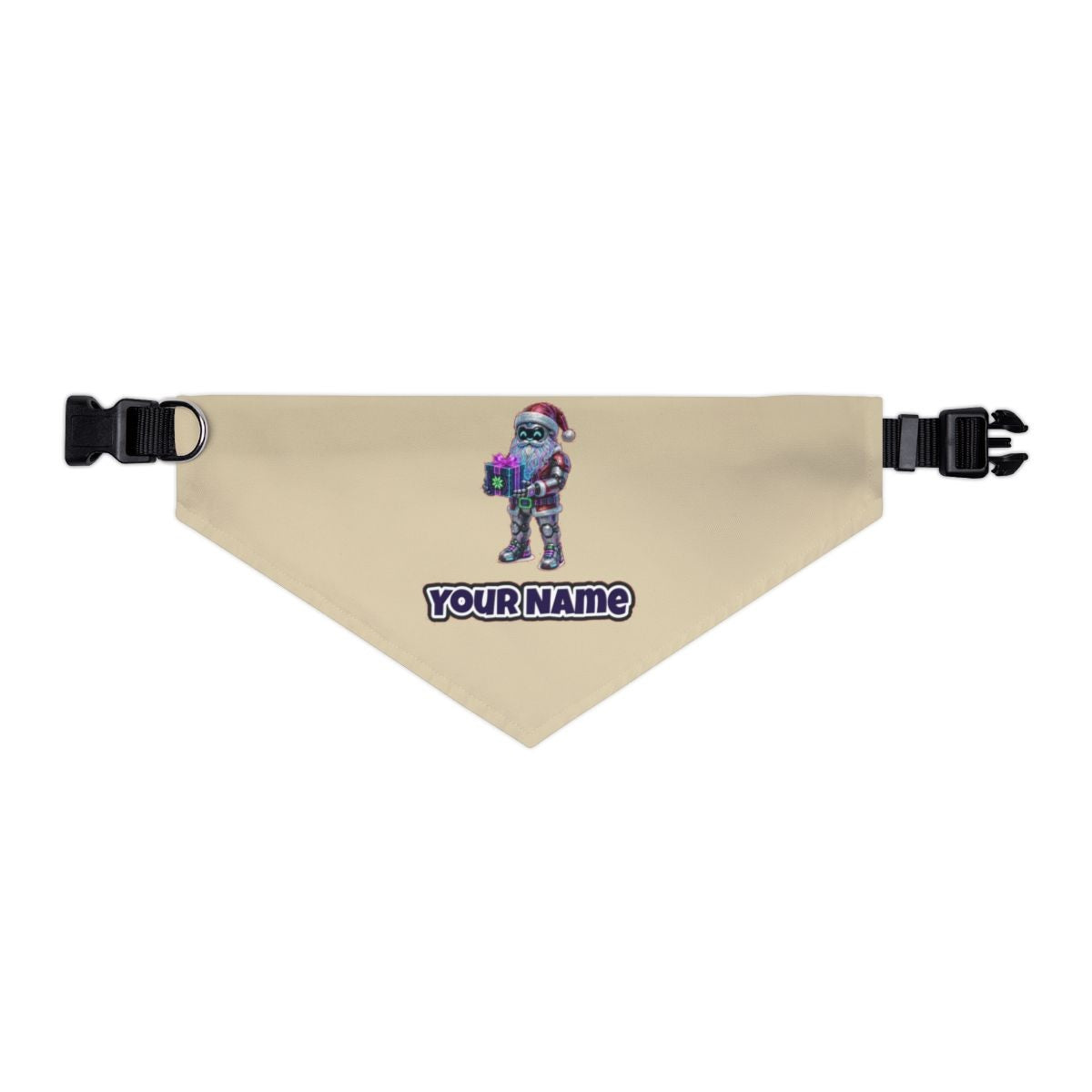 Neon Robot Santa personalised Christmas pet bandana in beige, collar with buckle