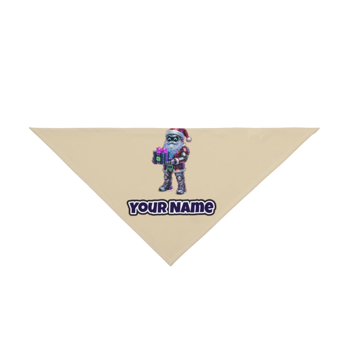 Neon Robot Santa personalised Christmas pet bandana in beige, tie-on style