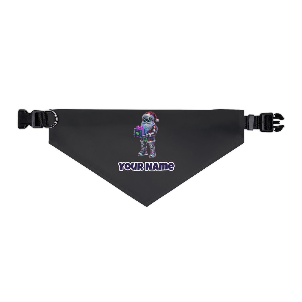 Neon Robot Santa personalised Christmas pet bandana in black, collar with buckle