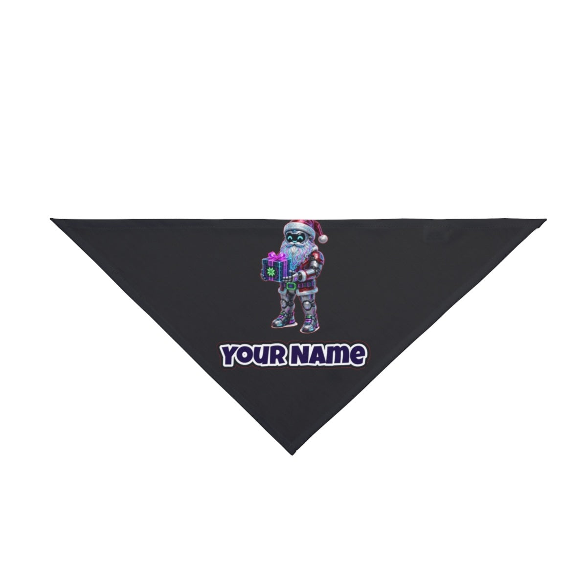 Neon Robot Santa personalised Christmas pet bandana in black, tie-on style
