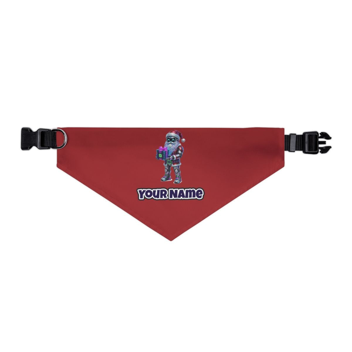 Neon Robot Santa personalised Christmas pet bandana in red, collar with buckle