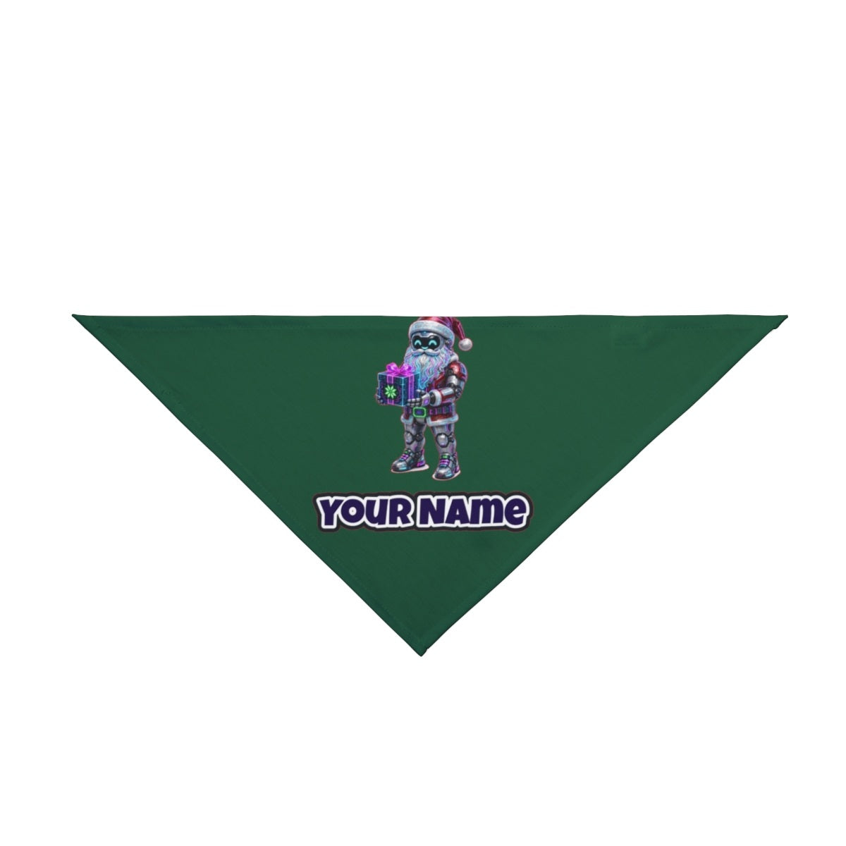 Neon Robot Santa personalised Christmas pet bandana in green, tie-on style