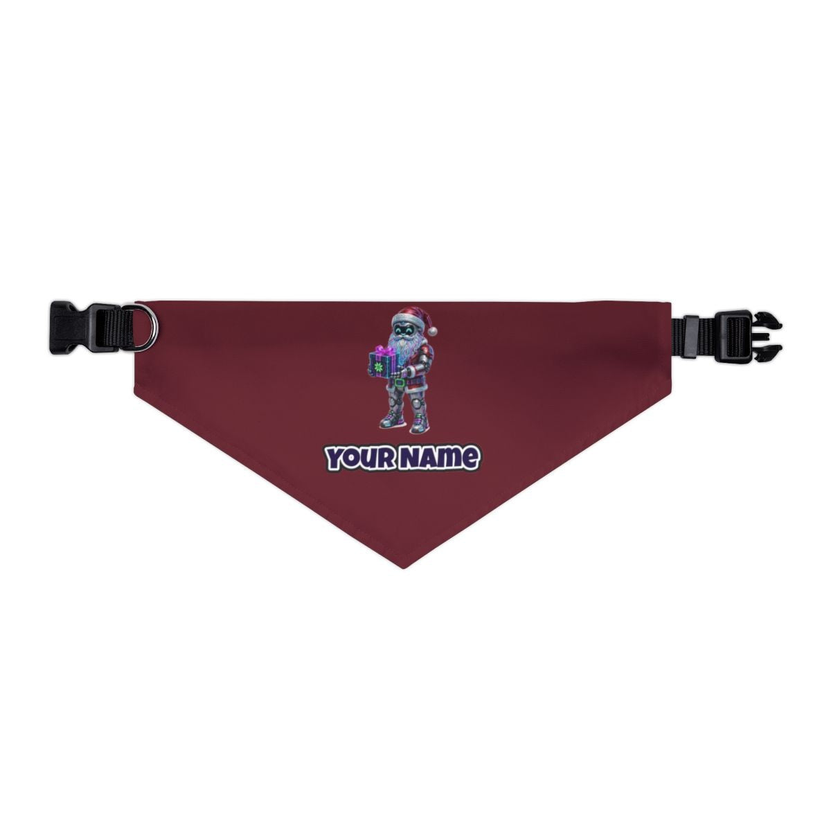 Neon Robot Santa personalised Christmas pet bandana in maroon, collar with buckle