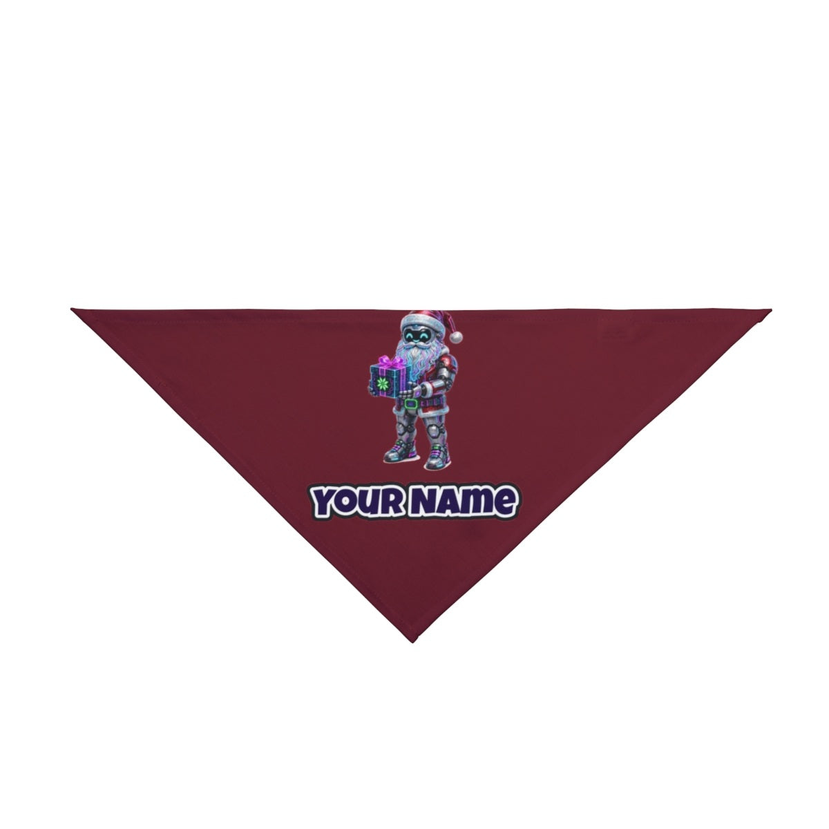 Neon Robot Santa personalised Christmas pet bandana in maroon, tie-on style