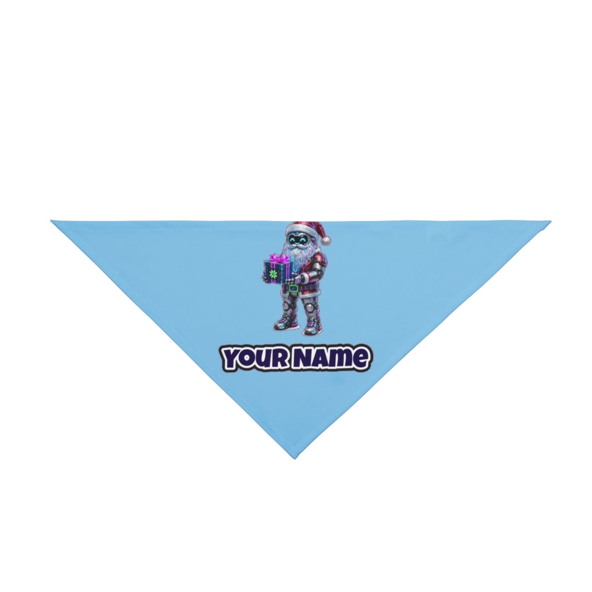 Neon Robot Santa personalised Christmas pet bandana in sky blue, tie-on style