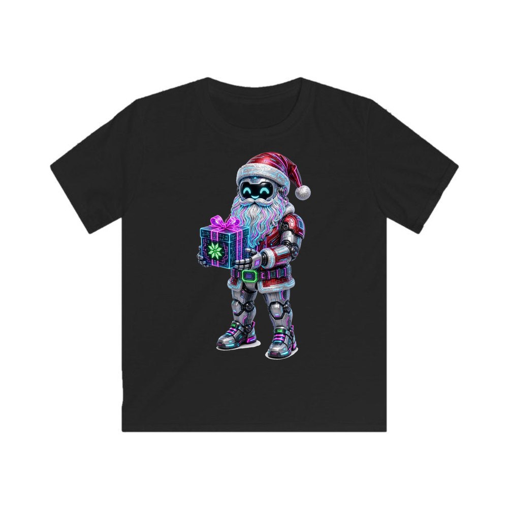 Neon Robot Santa personalised kids Christmas tee in black