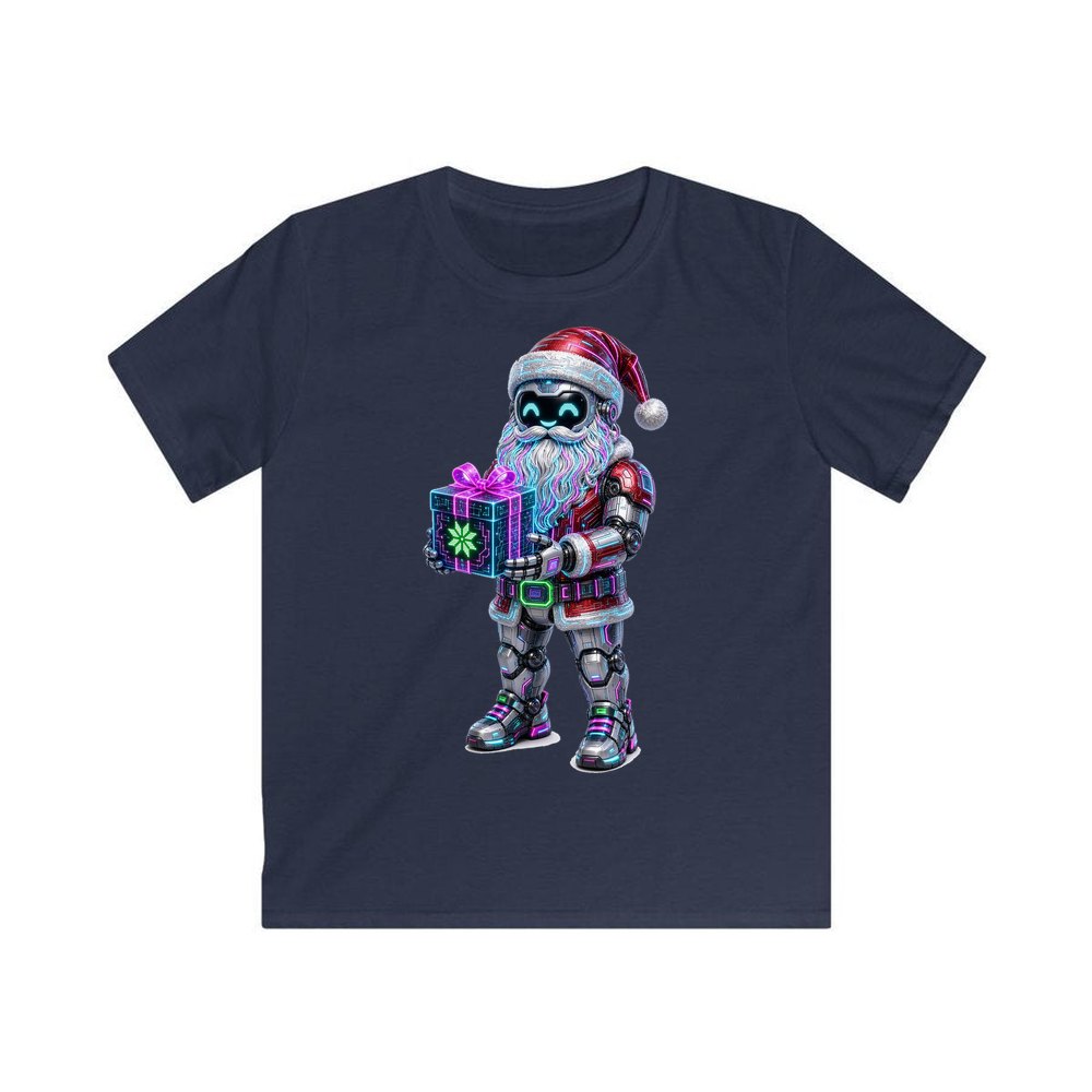 Neon Robot Santa personalised kids Christmas tee in navy