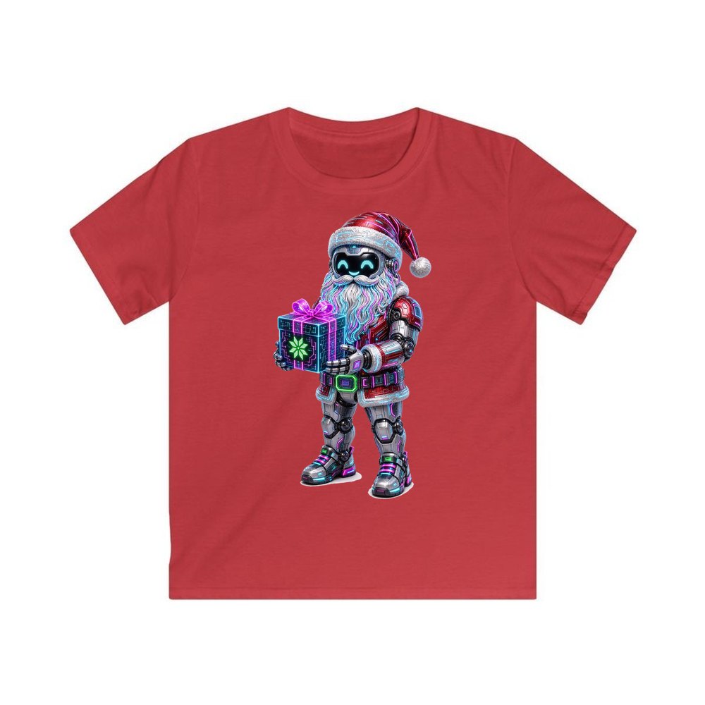 Neon Robot Santa personalised kids Christmas tee in red