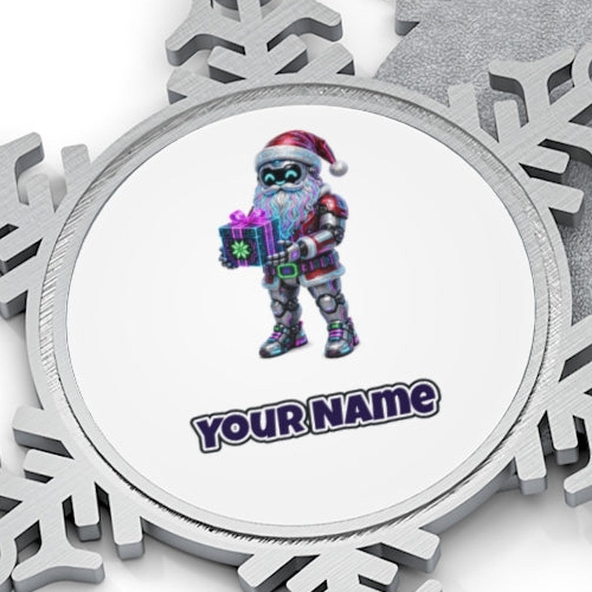 Neon Robot Santa Personalised Pewter Christmas Ornament