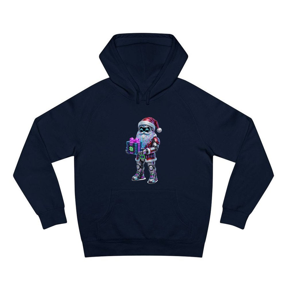 Neon Robot Santa personalised Christmas hoodie in navy