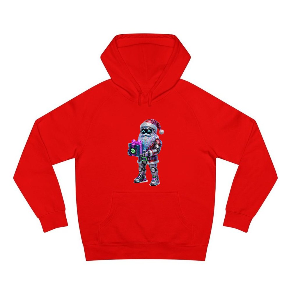 Neon Robot Santa personalised Christmas hoodie in red
