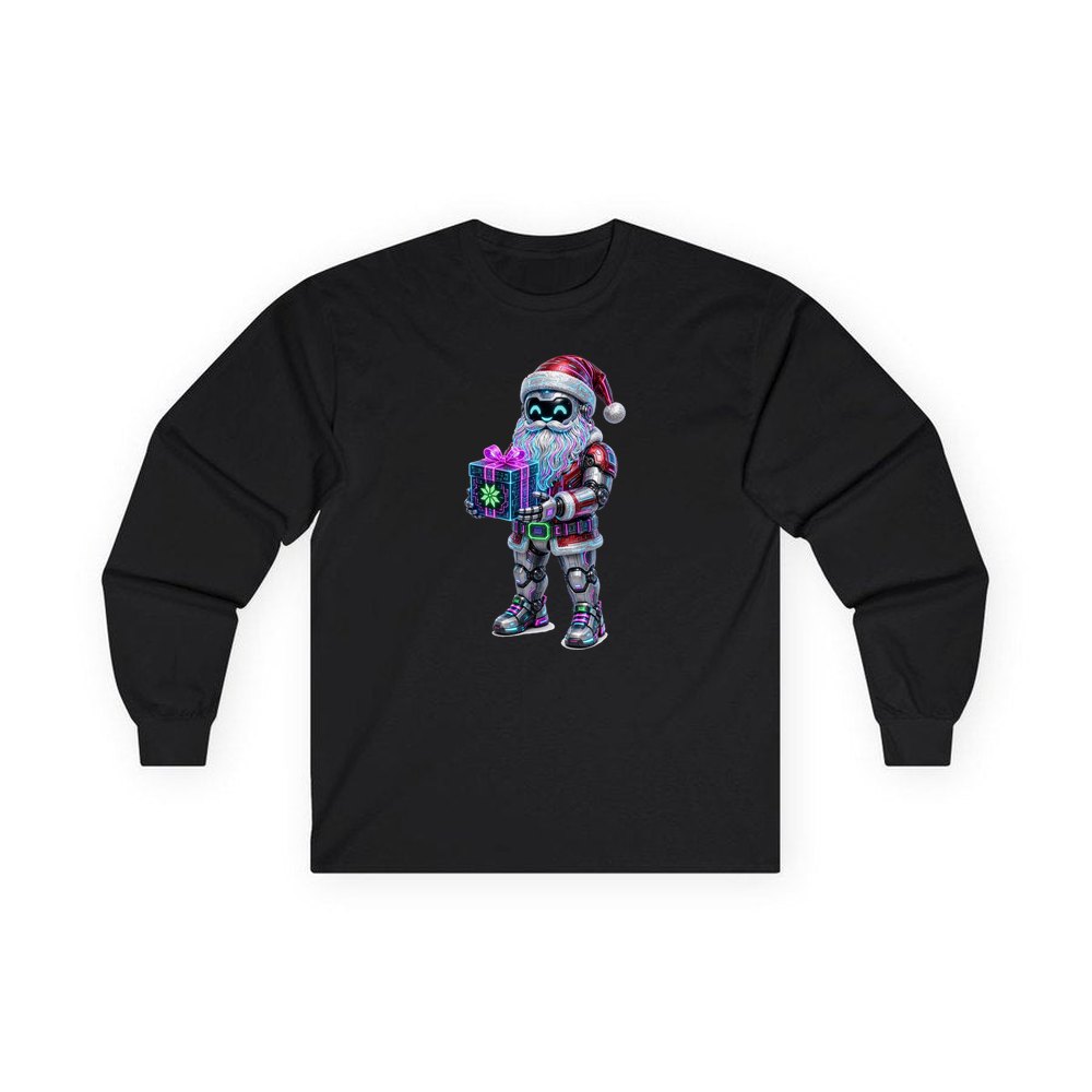 Neon Robot Santa personalised long sleeve Christmas T-shirt in black