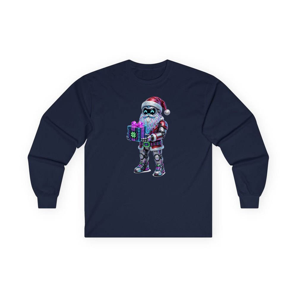 Neon Robot Santa personalised long sleeve Christmas T-shirt in navy