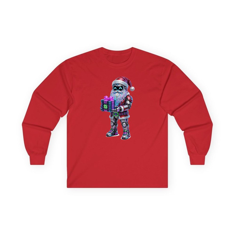 Neon Robot Santa personalised long sleeve Christmas T-shirt in red