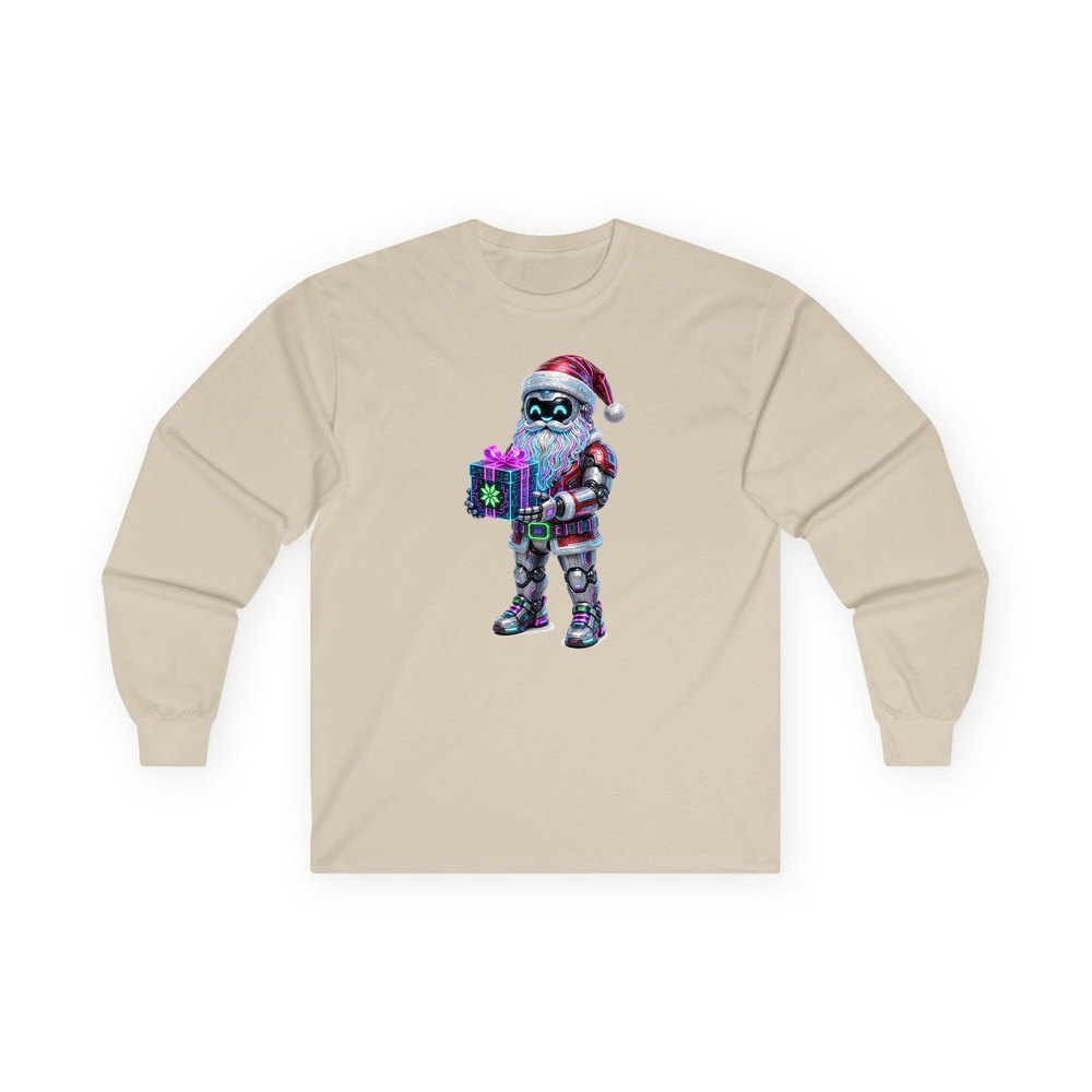 Neon Robot Santa personalised long sleeve Christmas T-shirt in sand