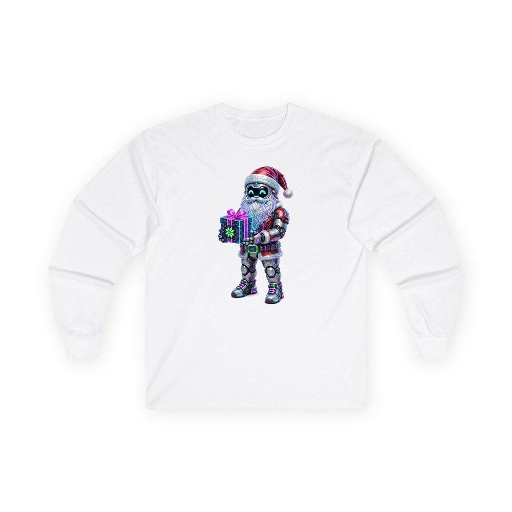 Neon Robot Santa personalised long sleeve Christmas T-shirt in white