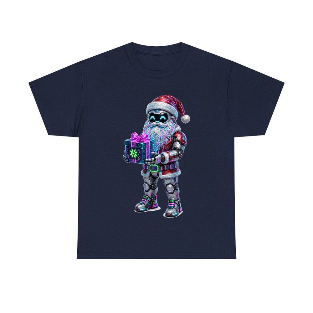Neon Robot Santa personalised Christmas T-shirt in navy