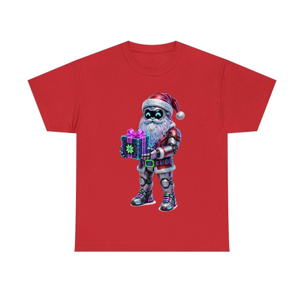 Neon Robot Santa personalised Christmas T-shirt in red