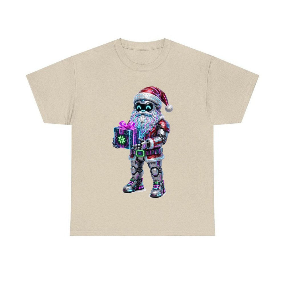 Neon Robot Santa personalised Christmas T-shirt in sand