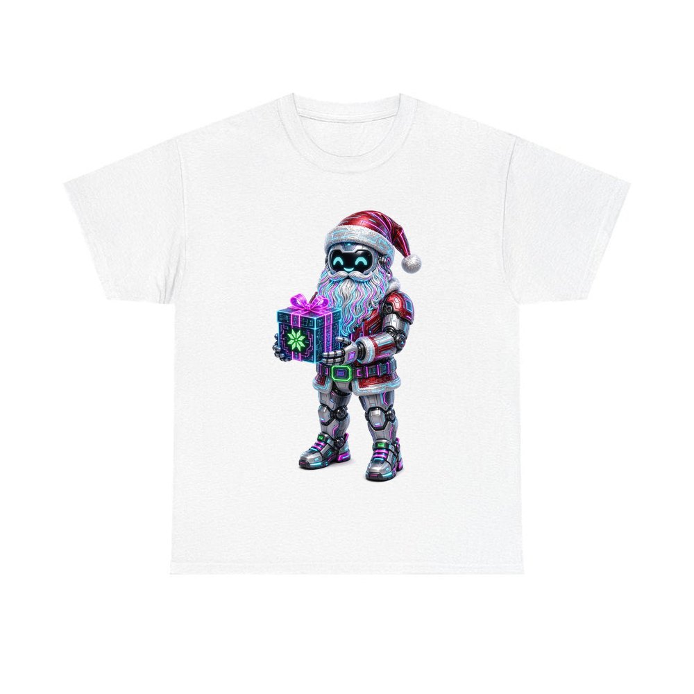 Neon Robot Santa personalised Christmas T-shirt in white