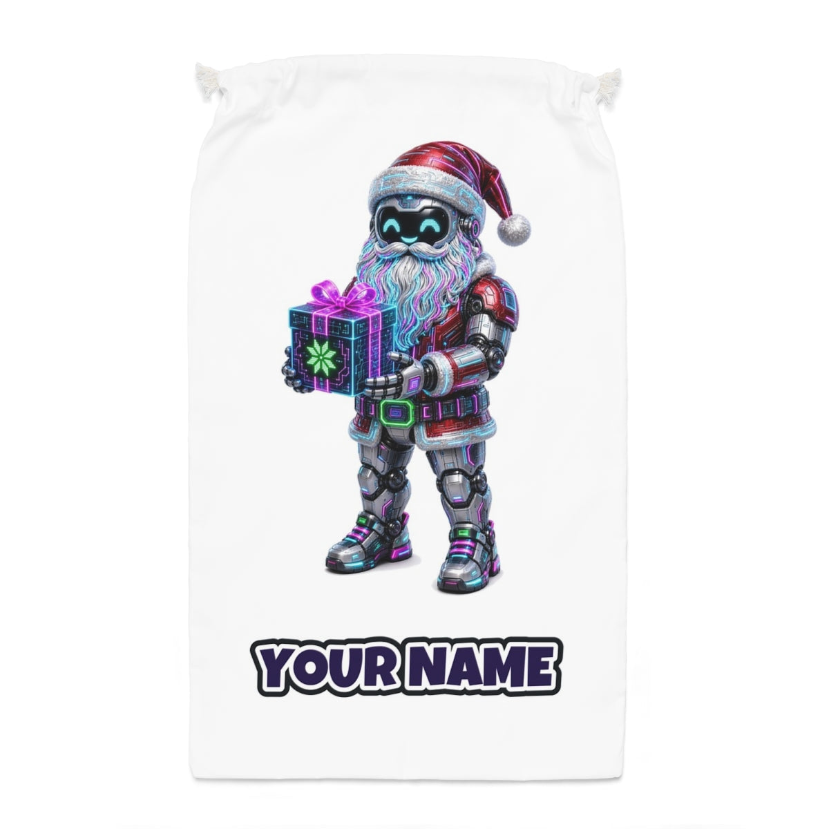 Neon Robot Santa Santa sack laid flat, showing the full print