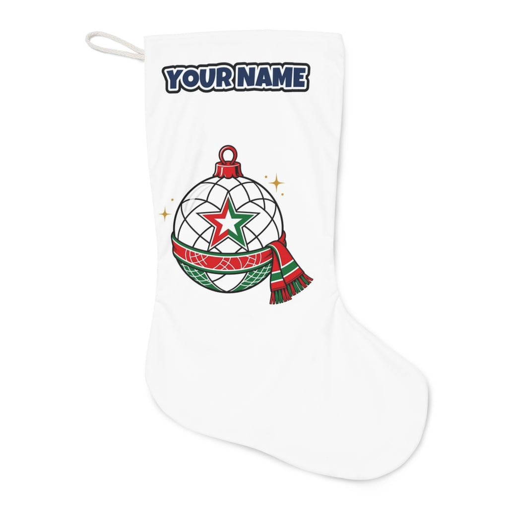 Netball Christmas Bauble Christmas stocking laid flat, showing the full print