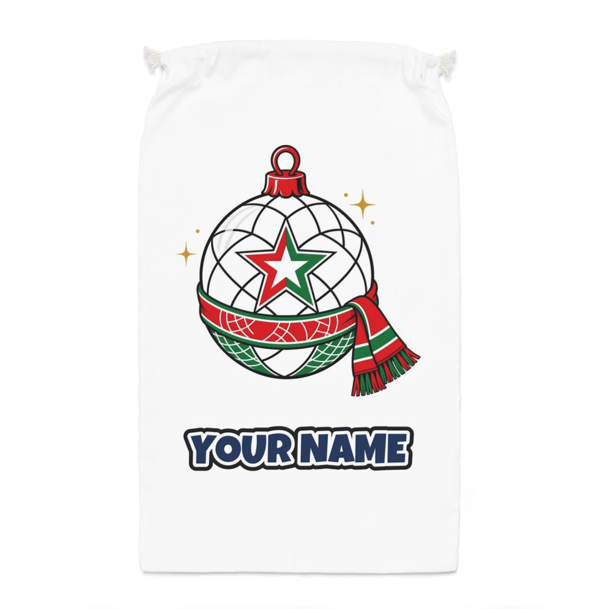 Netball Christmas Bauble Santa sack laid flat, showing the full print