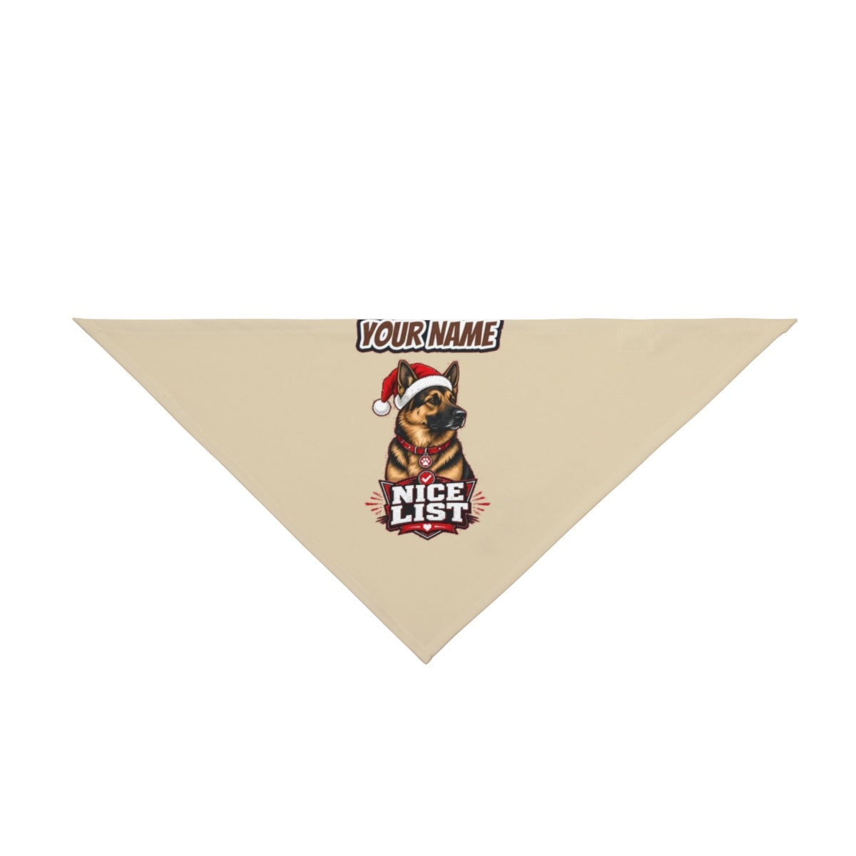 Nice List German Shepherd personalised Christmas pet bandana in beige, tie-on style
