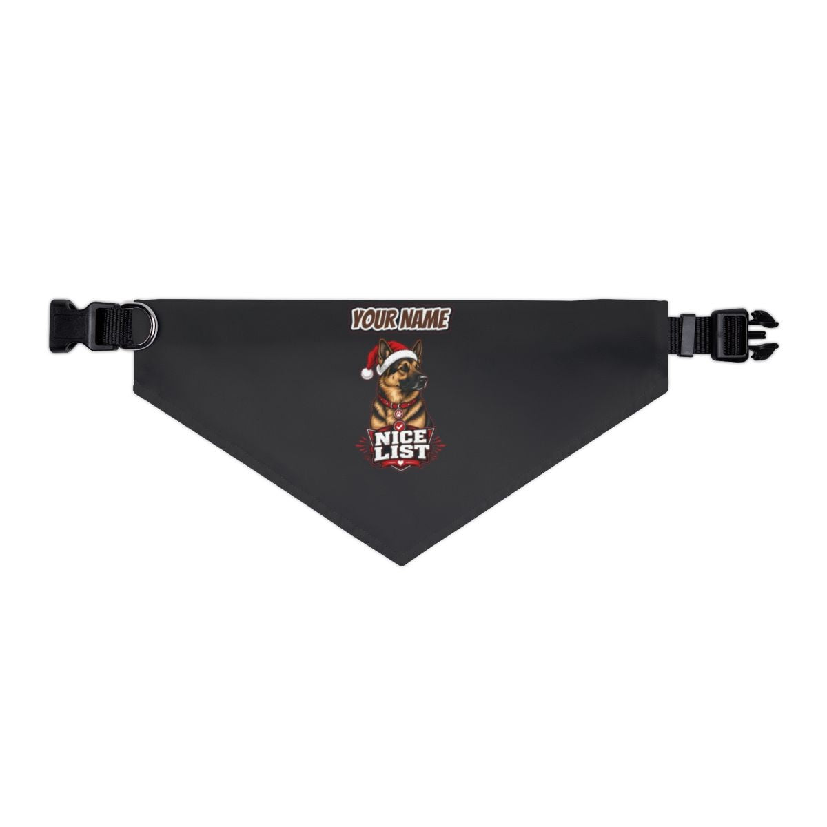 Nice List German Shepherd personalised Christmas pet bandana in black, collar with buckle