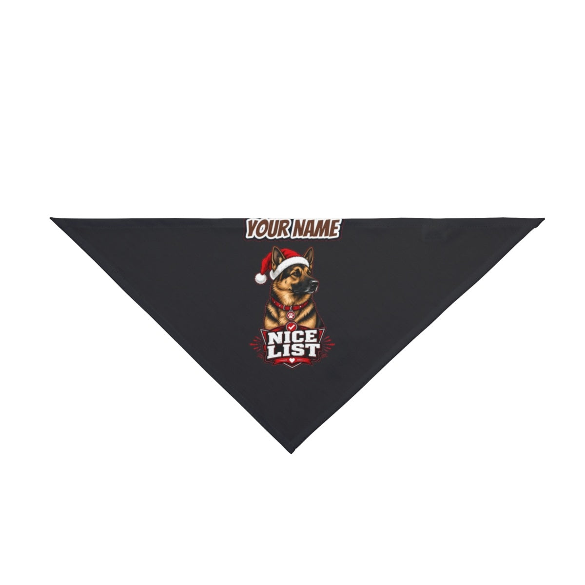 Nice List German Shepherd personalised Christmas pet bandana in black, tie-on style
