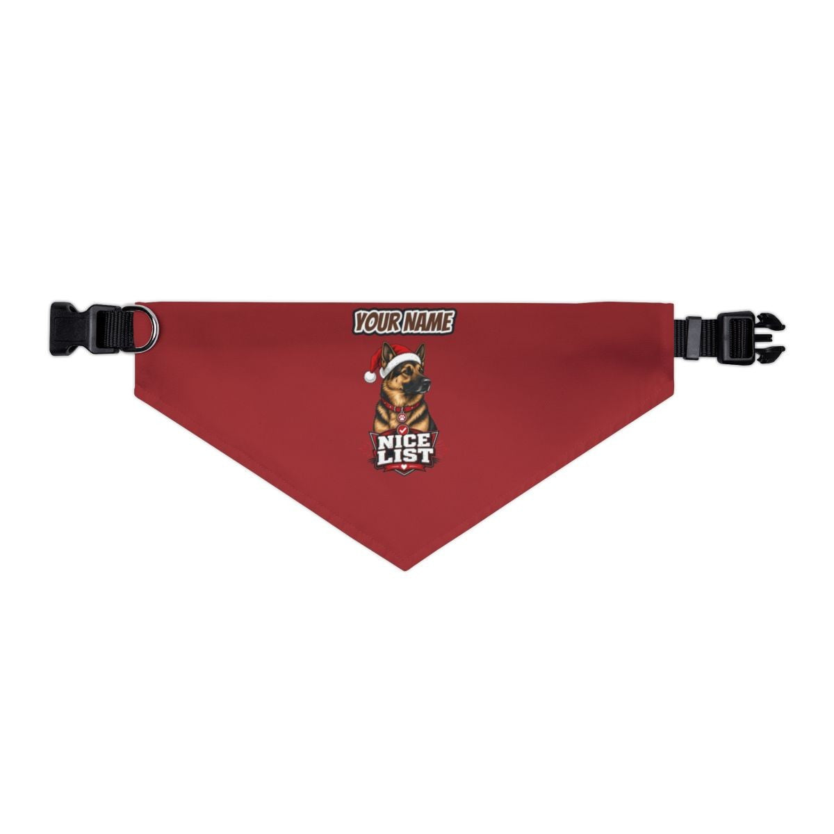 Nice List German Shepherd personalised Christmas pet bandana in red, collar with buckle