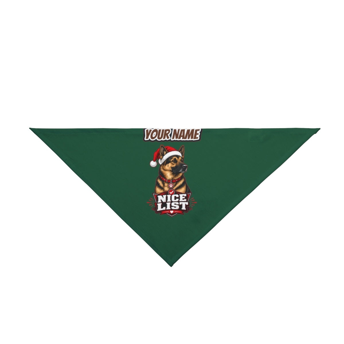Nice List German Shepherd personalised Christmas pet bandana in green, tie-on style