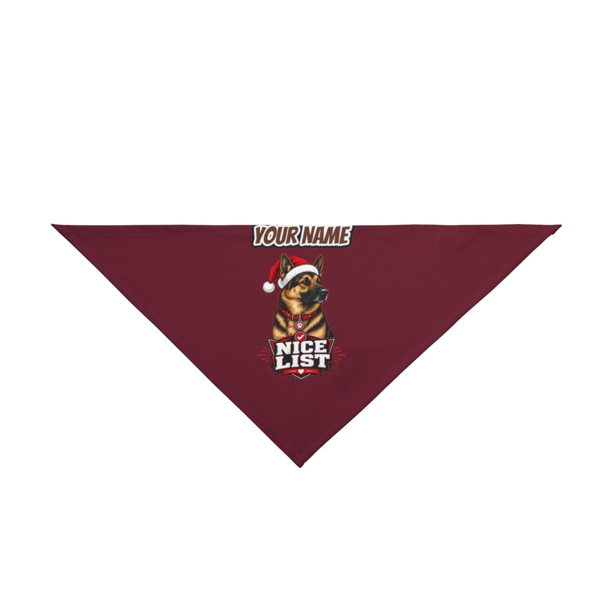 Nice List German Shepherd personalised Christmas pet bandana in maroon, tie-on style