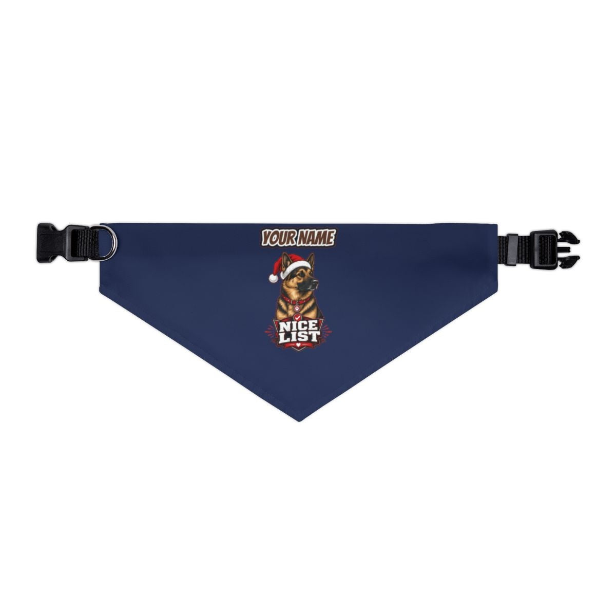 Nice List German Shepherd personalised Christmas pet bandana in navy, collar with buckle