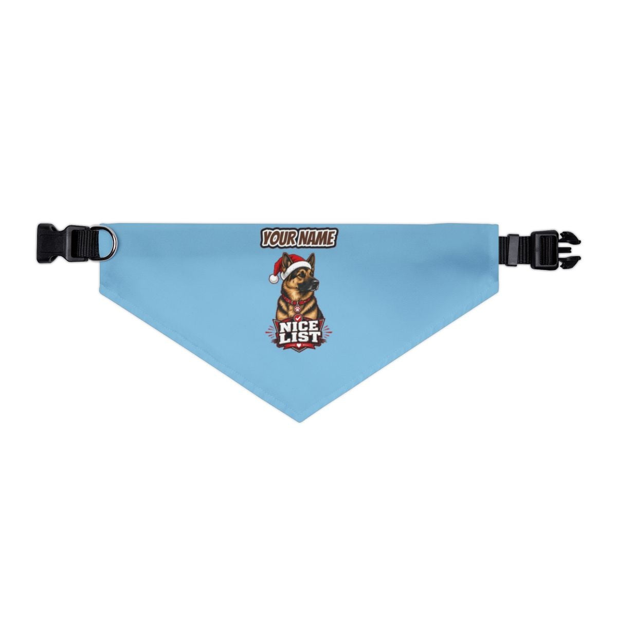 Nice List German Shepherd personalised Christmas pet bandana in sky blue, collar with buckle