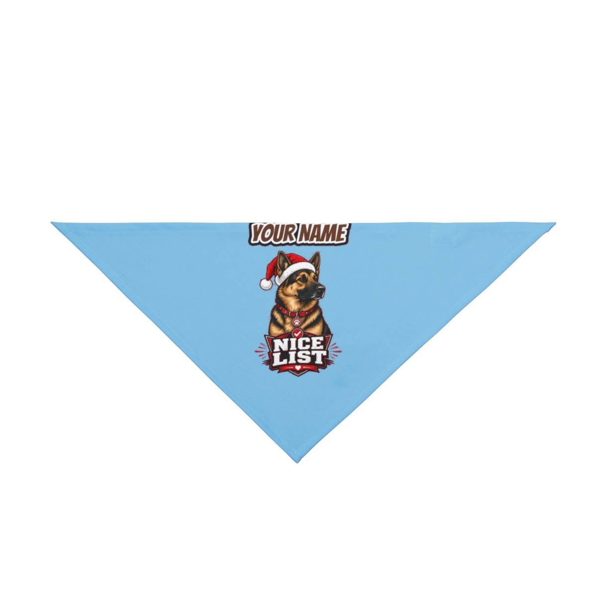Nice List German Shepherd personalised Christmas pet bandana in sky blue, tie-on style