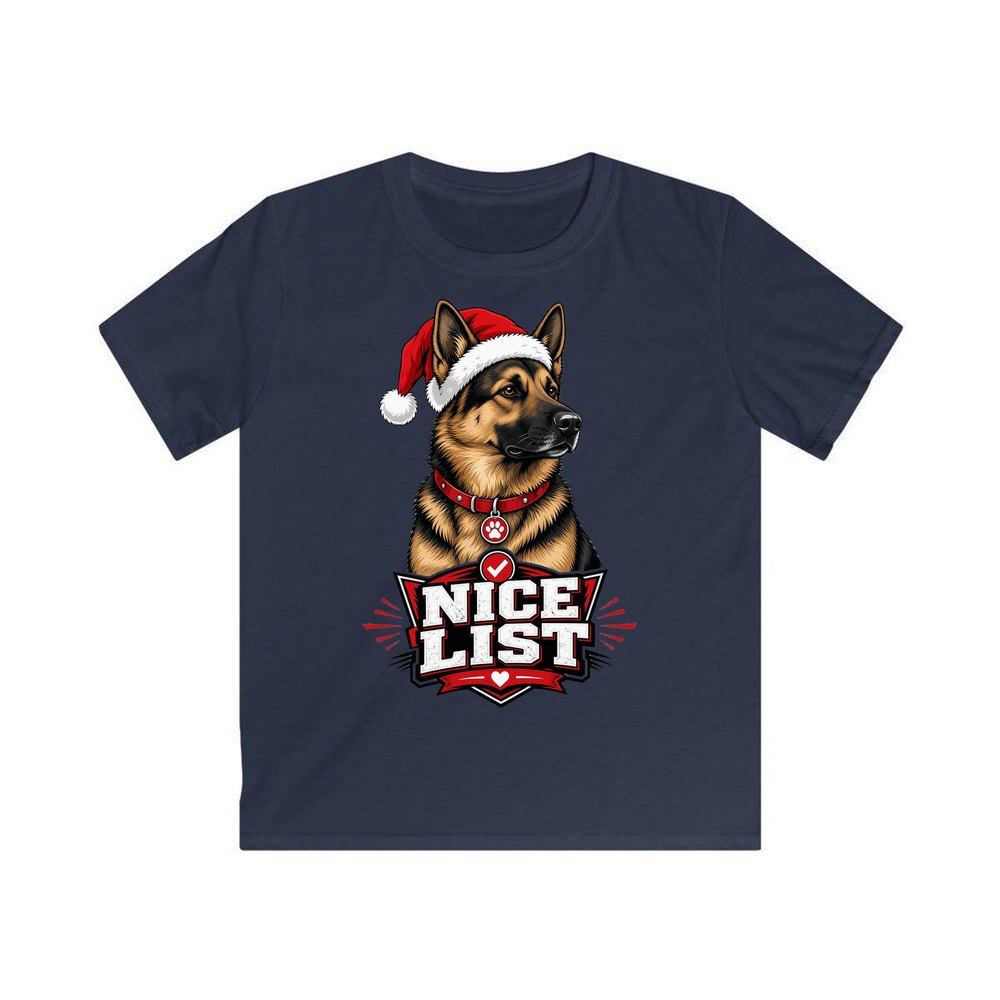 Nice List German Shepherd personalised kids Christmas tee in navy