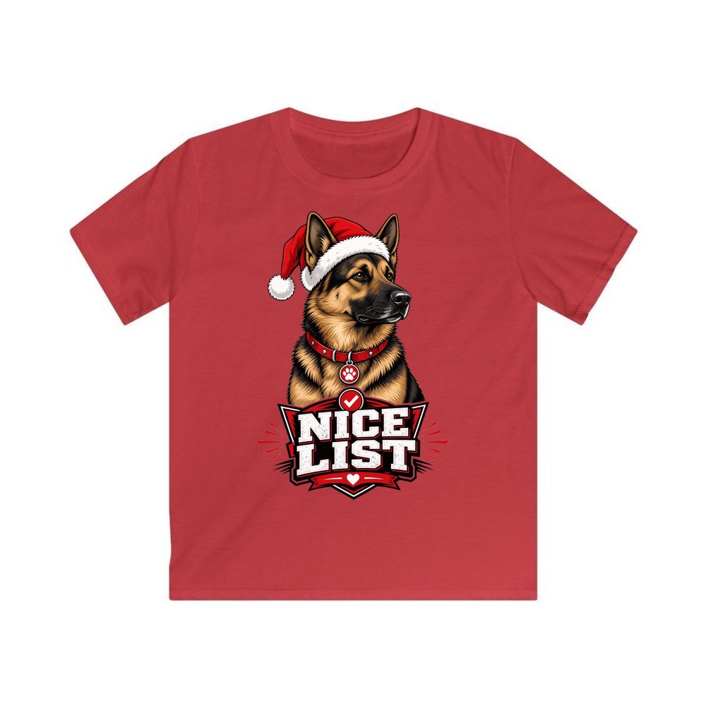 Nice List German Shepherd personalised kids Christmas tee in red