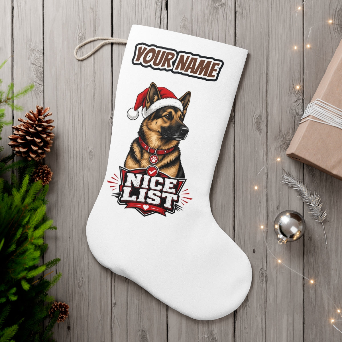 Nice List German Shepherd personalised Christmas stocking, white, with the name across the top