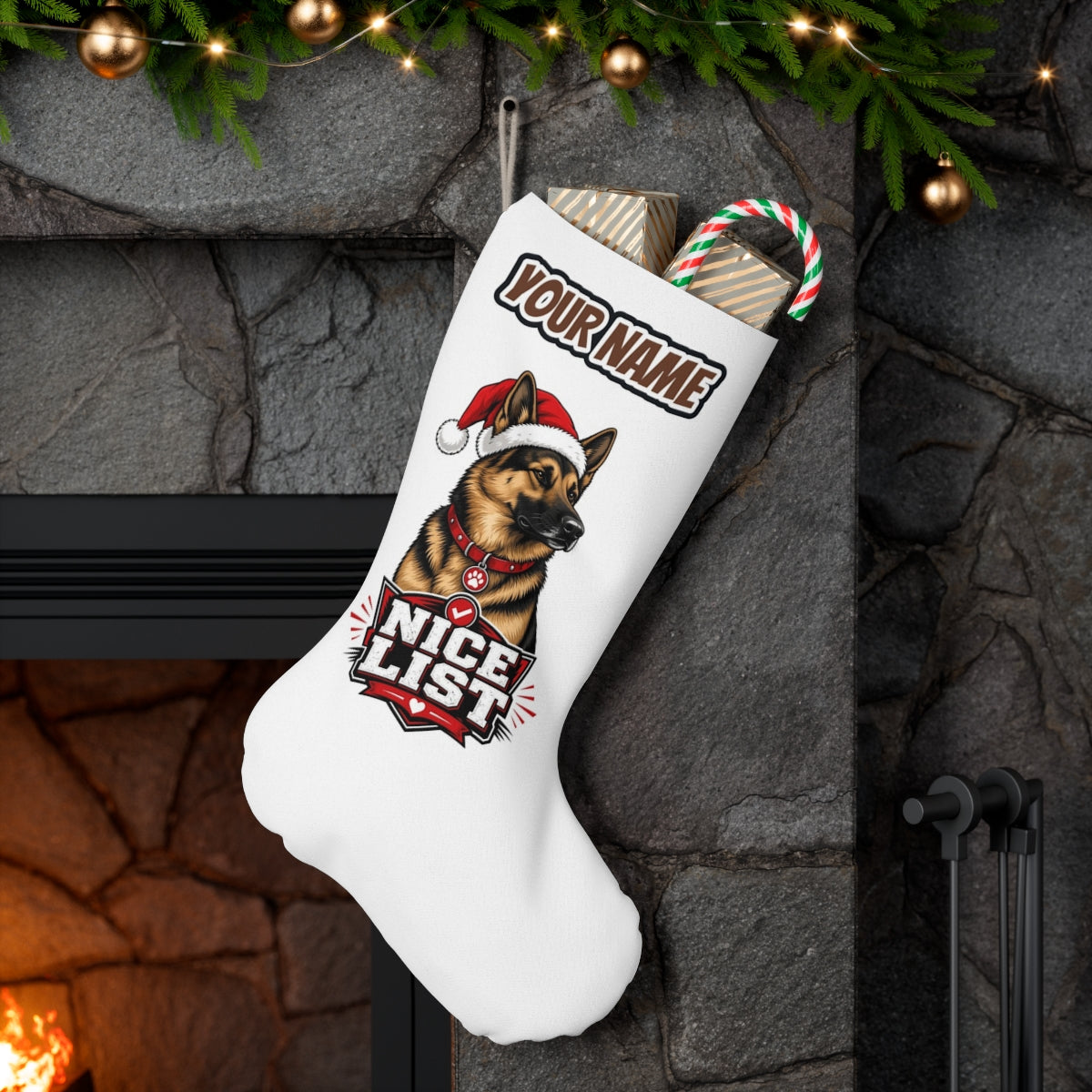 Nice List German Shepherd personalised Christmas stocking hanging on a mantel