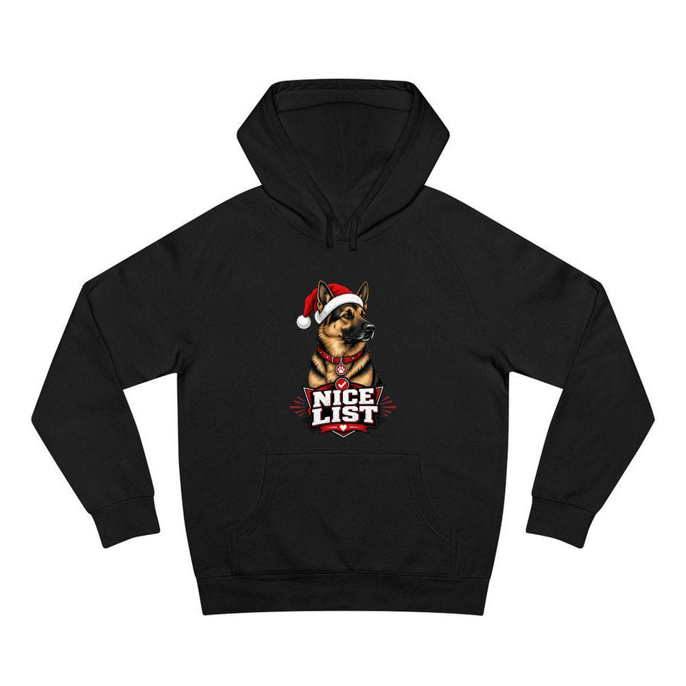 Nice List German Shepherd personalised Christmas hoodie in black