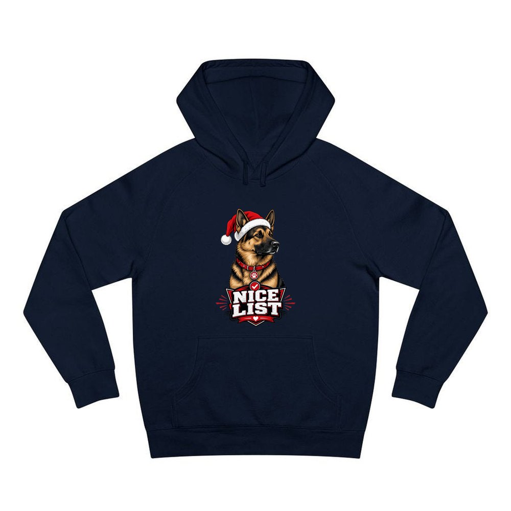 Nice List German Shepherd personalised Christmas hoodie in navy
