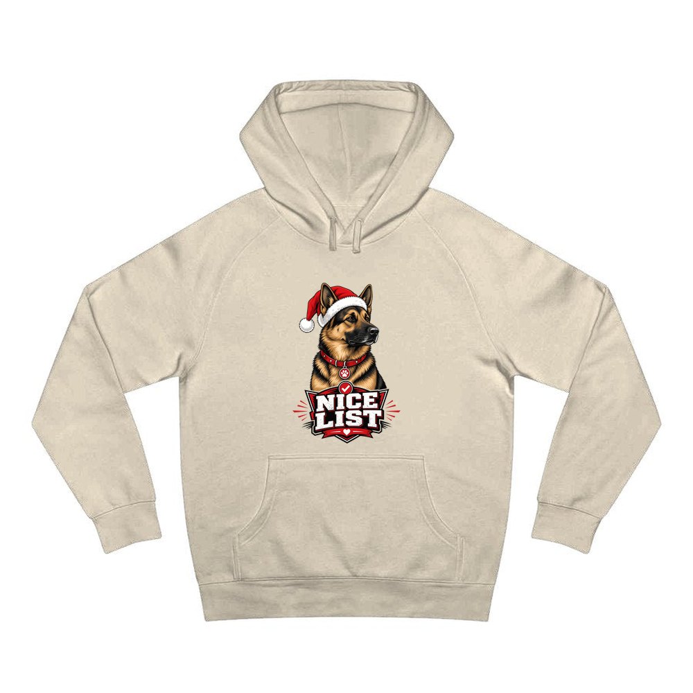 Nice List German Shepherd personalised Christmas hoodie in sand