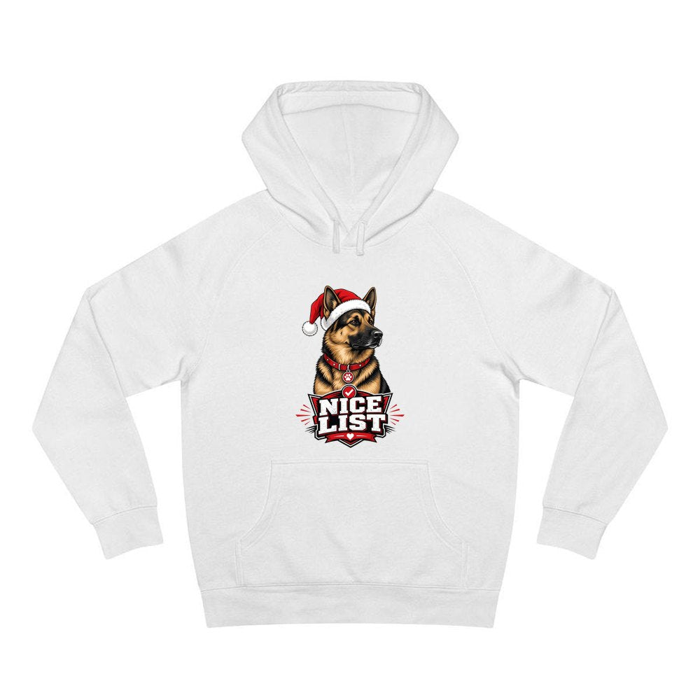 Nice List German Shepherd personalised Christmas hoodie in white