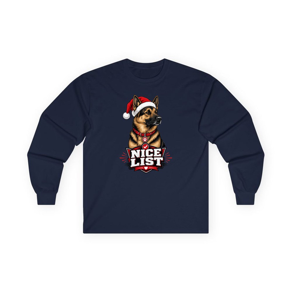 Nice List German Shepherd personalised long sleeve Christmas T-shirt in navy