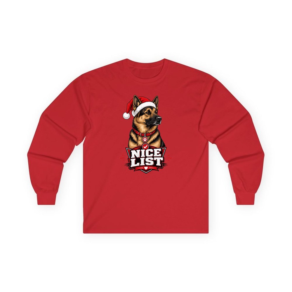 Nice List German Shepherd personalised long sleeve Christmas T-shirt in red