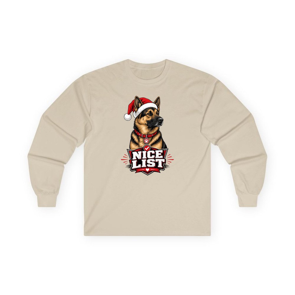 Nice List German Shepherd personalised long sleeve Christmas T-shirt in sand
