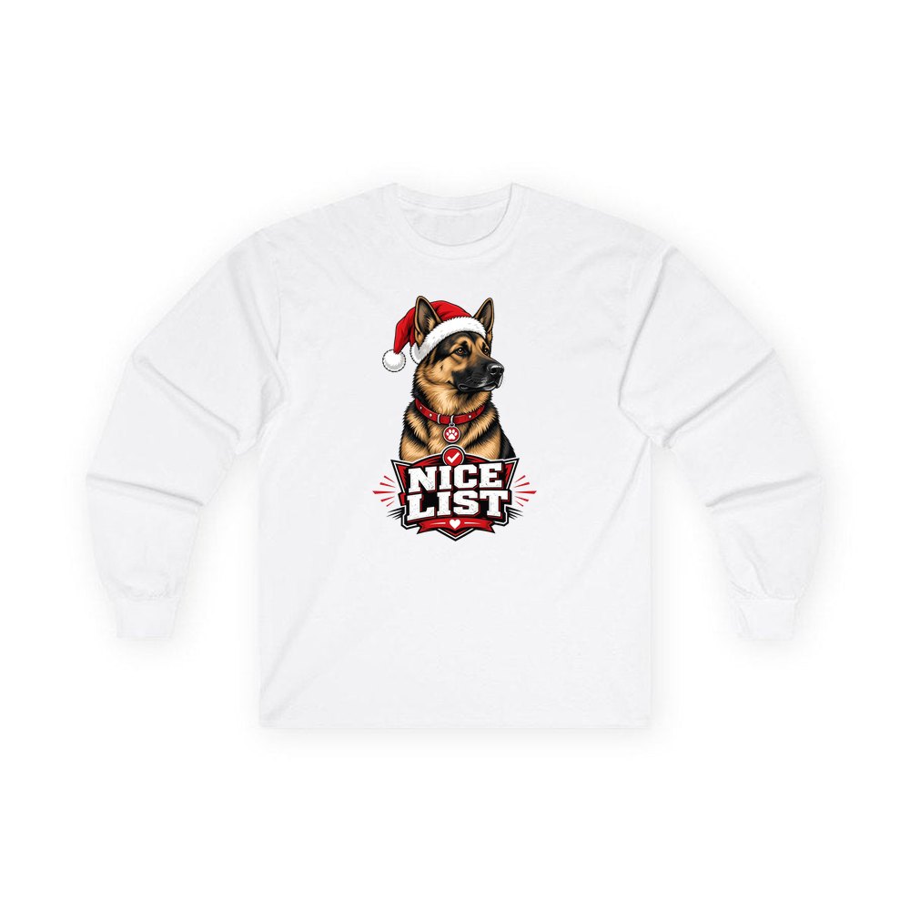 Nice List German Shepherd personalised long sleeve Christmas T-shirt in white