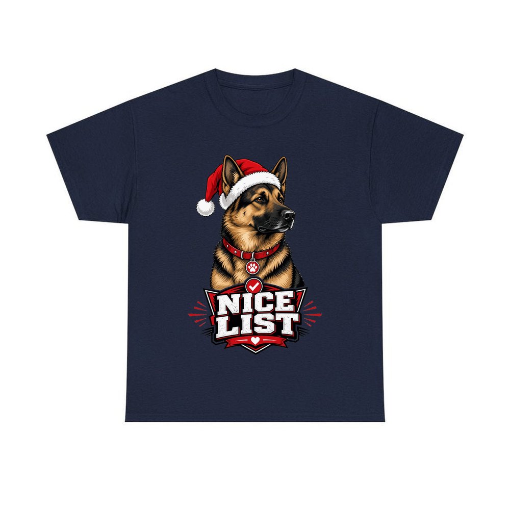 Nice List German Shepherd personalised Christmas T-shirt in navy