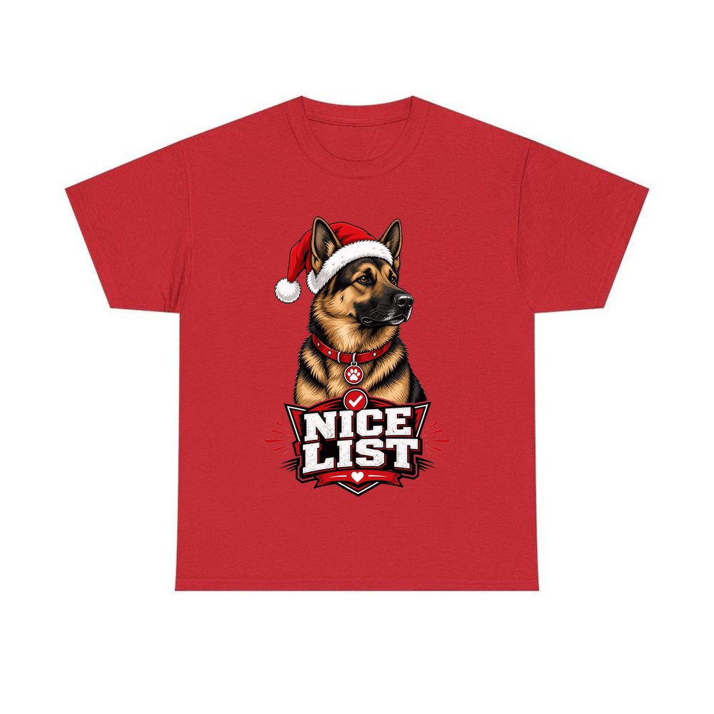 Nice List German Shepherd personalised Christmas T-shirt in red